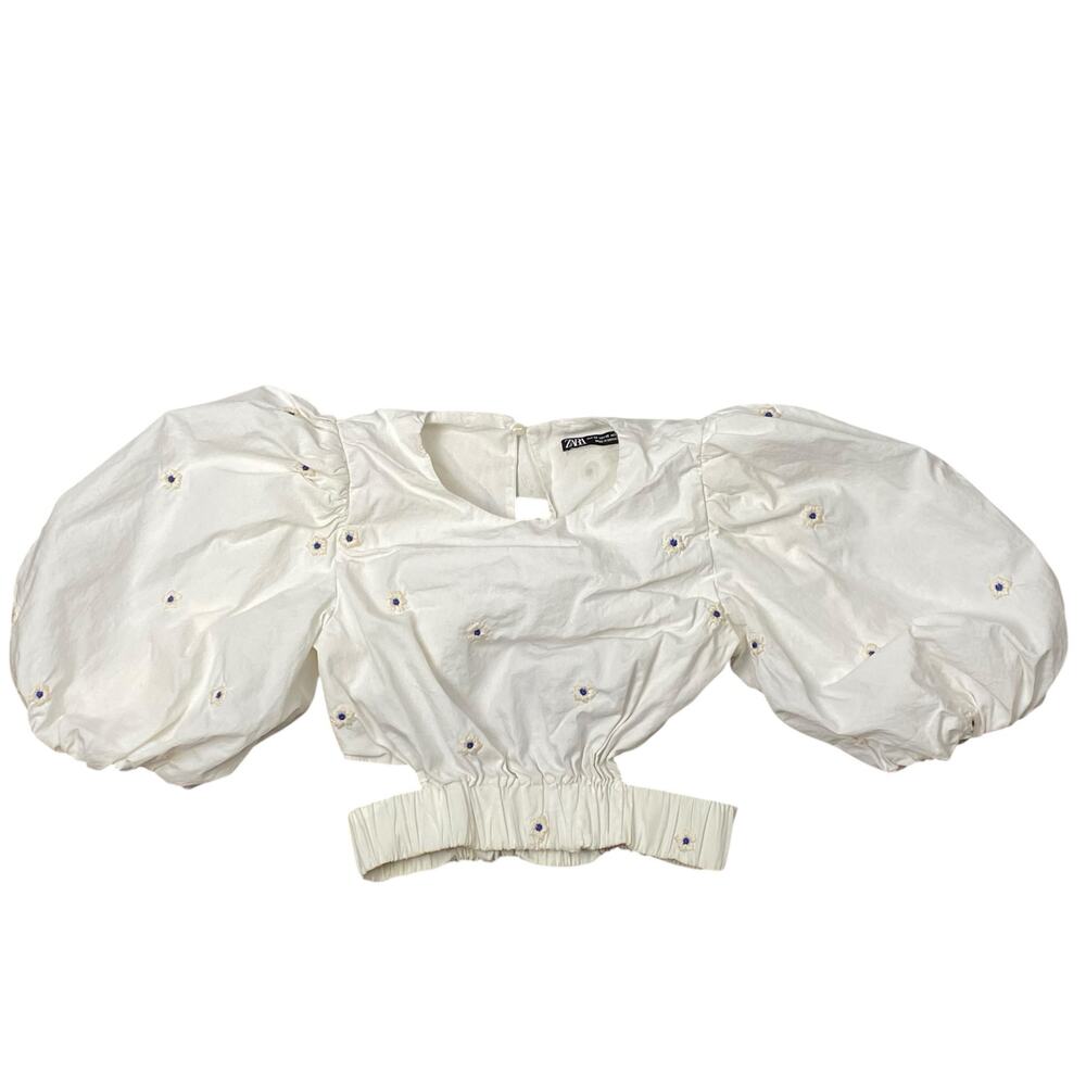 Zara Women's White Floral Embroidered Balloon Sleeves Crop Poplin Blouse Top XS